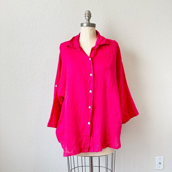 ITALY MADE 100% Linen Roll-Tab Sleeve Gauze Button-Up Shirt in Hot Pink - Picture 1 of 12